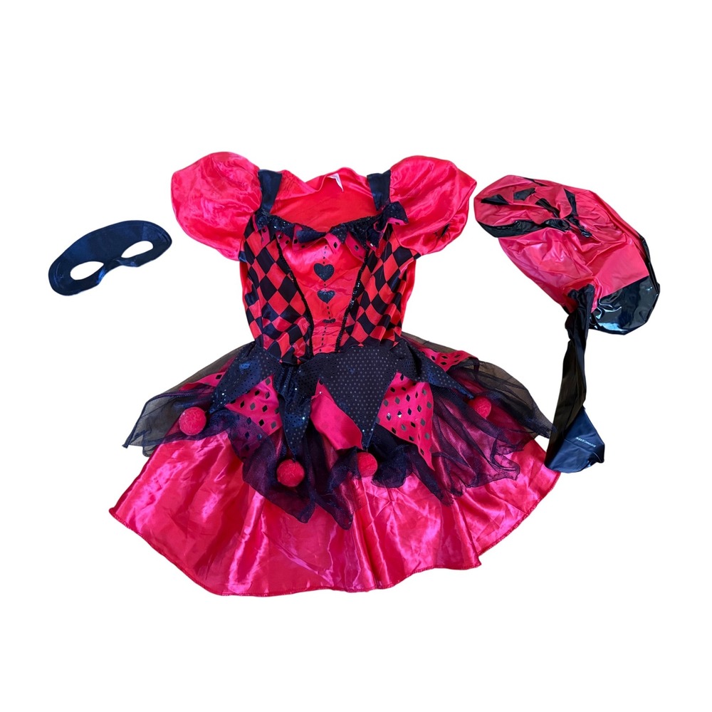 Harley Quinn Jester Costume Dress Set with Mask and Mallet Red Black M 8-10